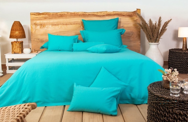 Fitted sheet Natur Duo Seersucker Cotton Turquoise