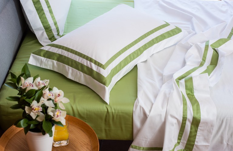 White Sateen Sheets with double green applique